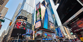 Daylight view of Timesquare with adverstiements on buildings