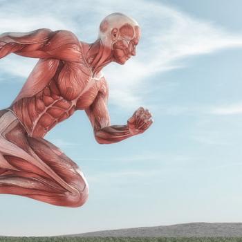 Graphic of male muscular skeletal anatomy in forward running motion